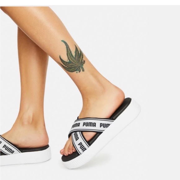 PUMA Logo Criss-Cross Black White  Tape Platform Slide Sandals New - Picture 4 of 14